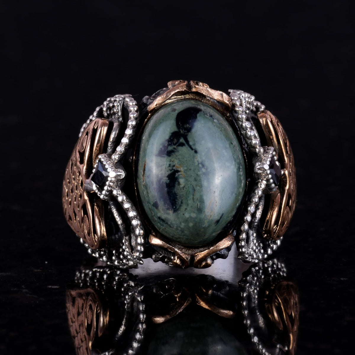 925 Sterling Silver Men's Ring, Handmade Natural Green Eye Stone Ring — 2