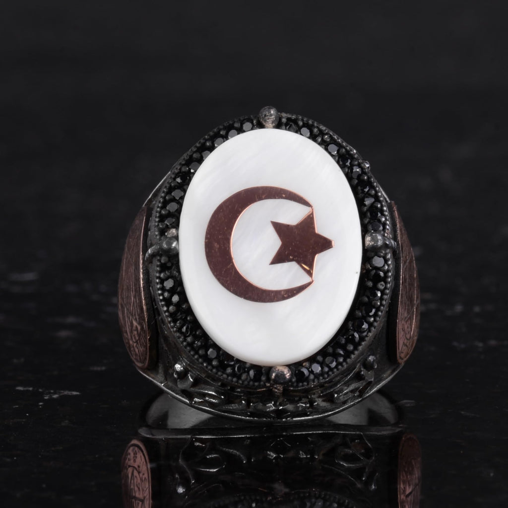 Handcrafted Patterned Ring - 925 Sterling Silver Men's Ring - Star and Crescent — 4