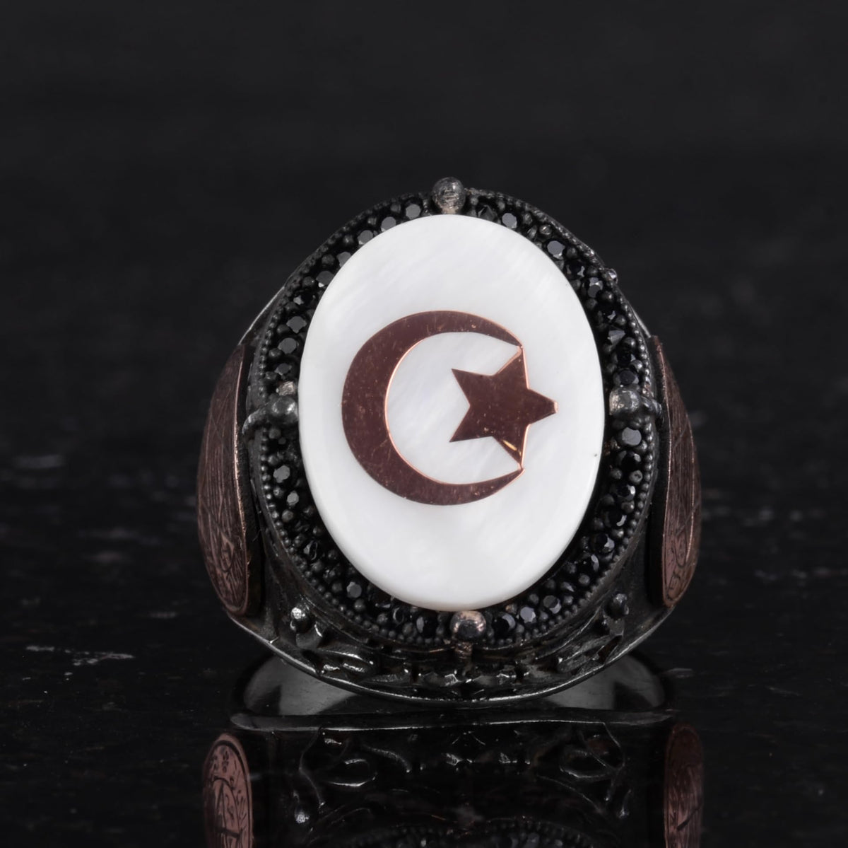 Handcrafted Patterned Ring - 925 Sterling Silver Men's Ring - Star and Crescent — 4
