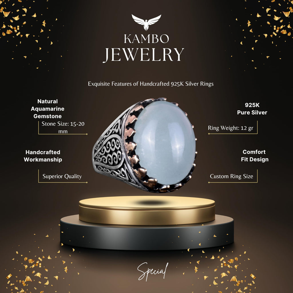 925 Sterling Silver Men's Ring - Handmade Elegance with Natural Stone (Cabochon Aquamarine) — 5