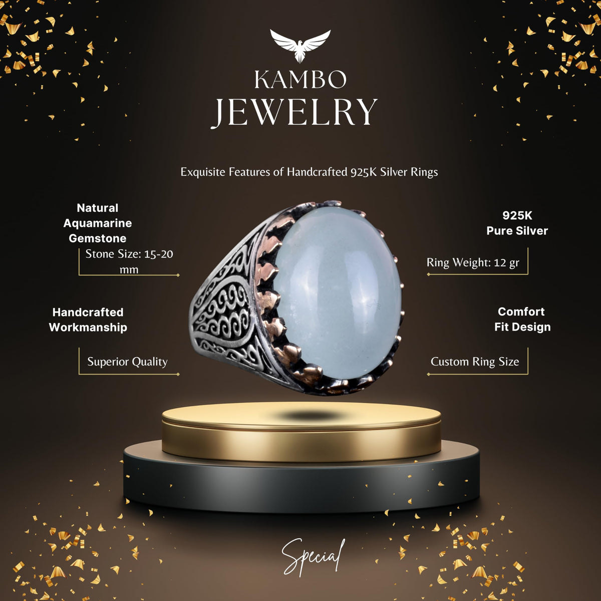925 Sterling Silver Men's Ring - Handmade Elegance with Natural Stone (Cabochon Aquamarine) — 5