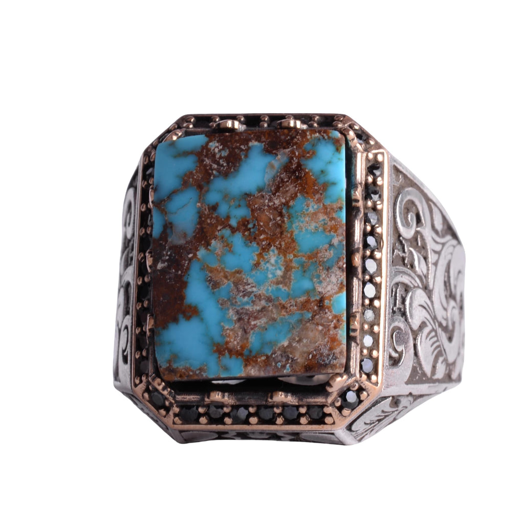 KAMBO Men's Natural Turquoise Stone Ring - 925 Sterling Silver Handmade Rectangular Statement Ring - Vintage Ottoman Style Jewelry