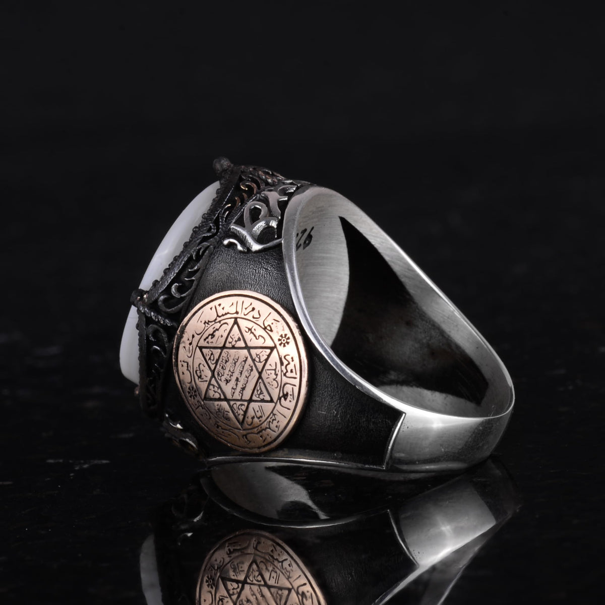 Handcrafted Patterned Ring - 925 Sterling Silver Men's Ring - Star and Crescent — 7