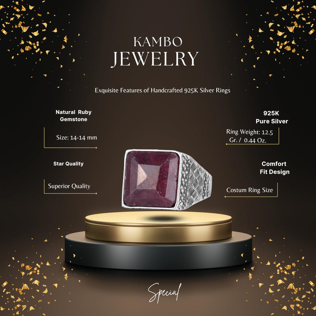 KAMBO Natural Stone Men's Ring 925 Sterling Silver Square Stone Handmade Statement Ring Unique Masculine Jewelry (Ruby) — 2