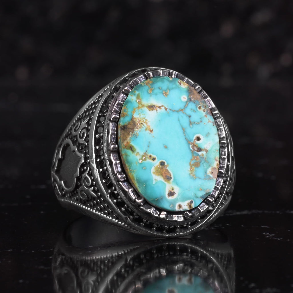 KAMBO Turquoise Stone Men's Ring 925 Sterling Silver – Natural Turquoise Statement Ring – Vintage Ottoman Style Handmade Men's Ring (Turquoise) — 6