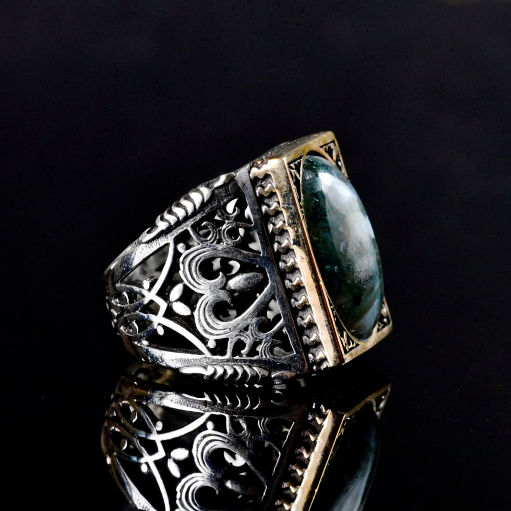925 Sterling Silver Vintage Design Men's Ring, Natural Mossy Agate Stone — 4