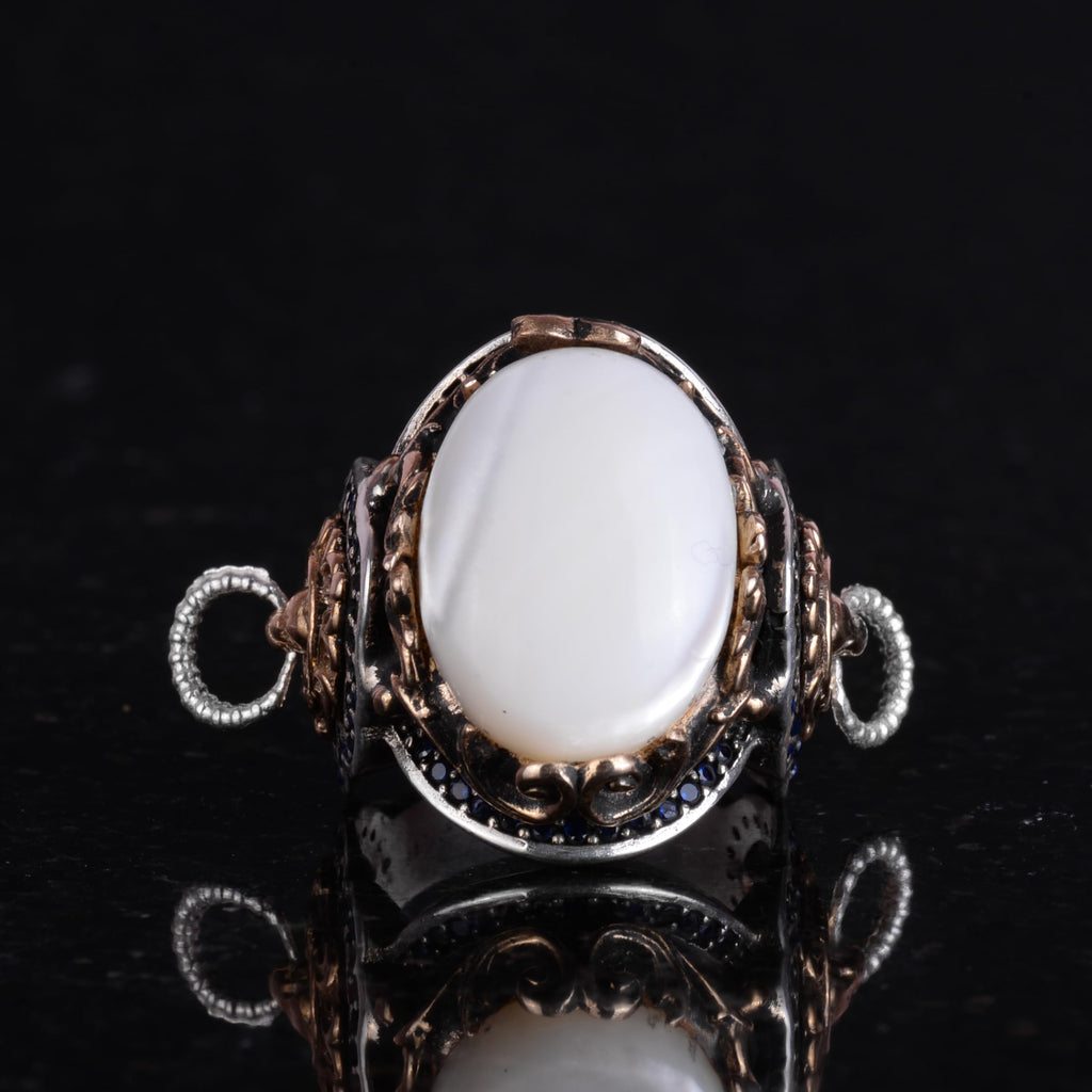 Lion Head Men's Ring, Natural Pearl Stone Ring - 925 Sterling Silver Ring — 4