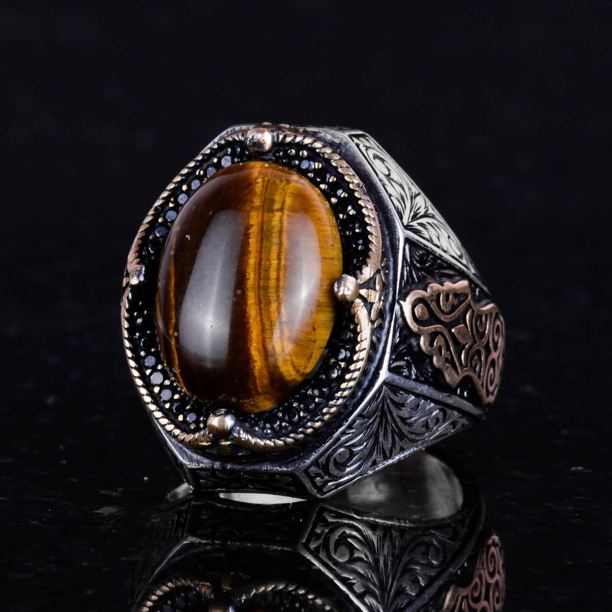 Handmade Cabochon Tiger Eye Stone Ring - 925 Sterling Silver Men's Ring — 5
