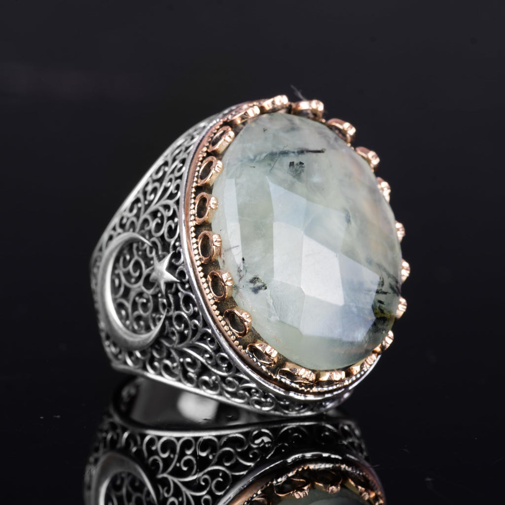 KAMBO 925 Sterling Silver Men's Natural Stone Ring - Moon and Star Design - Handmade Vintage Jewelry (Prehnite) — 6