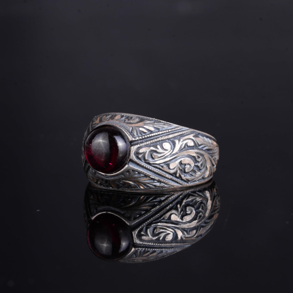 KAMBO Natural Stone Men's Ring – 925 Sterling Silver Minimalist Engraved Band | Handmade Elegant Jewelry (Garnet) — 5