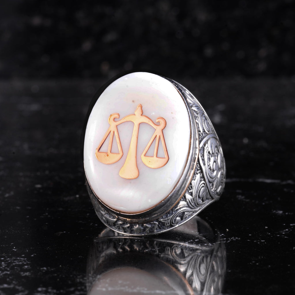 KAMBO Mother of Pearl Large Men's Ring - 925 Sterling Silver Ottoman Empire Symbol Ring - Large Oval Handmade Statement Ring (Justice Scale Mother of Pearl) — 4