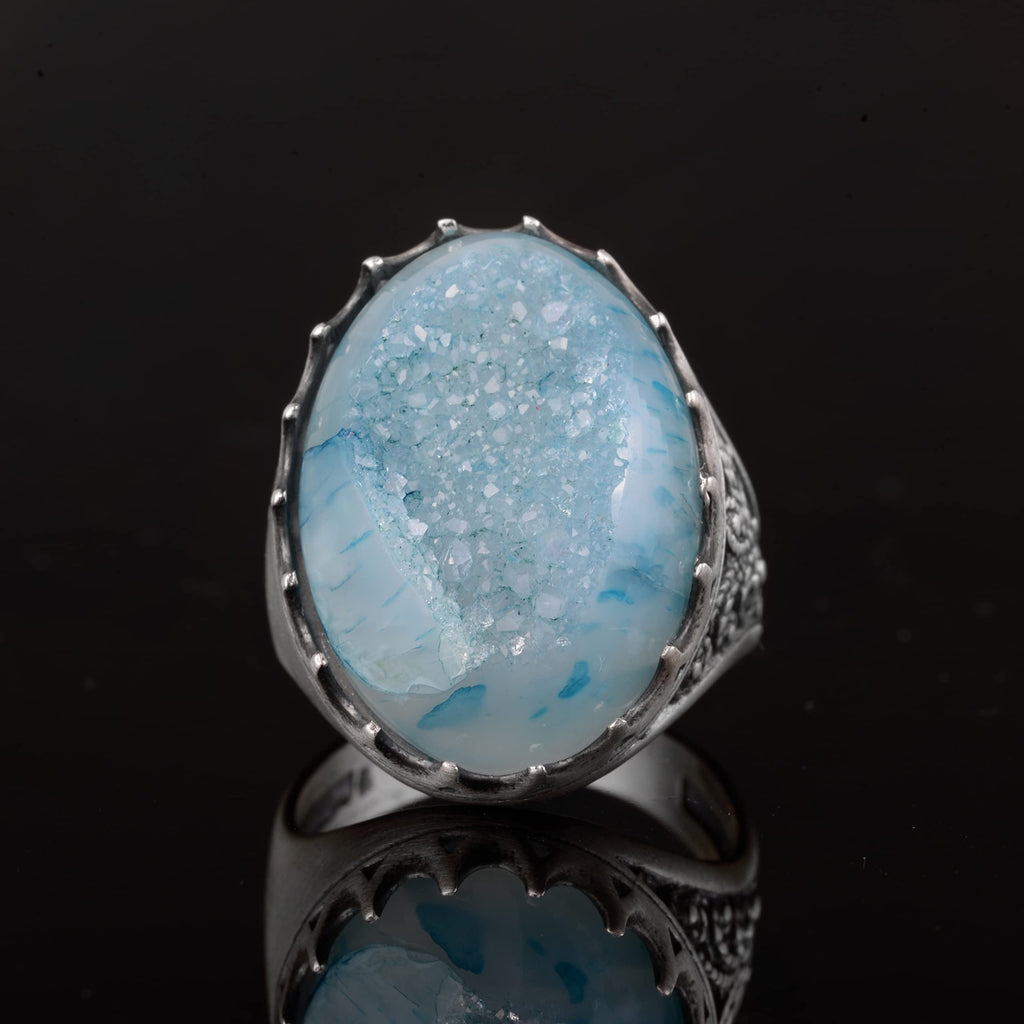 Silver Men's Ring Drusy Quartz Aqua - Shiny Stone Collection — 4