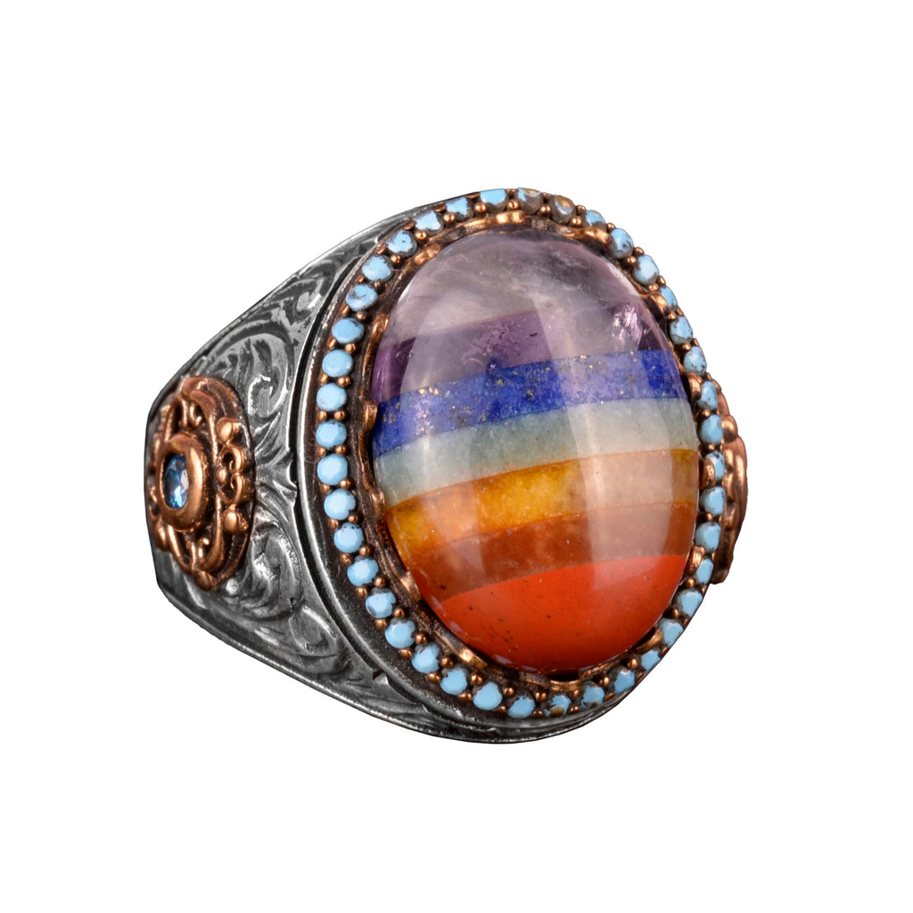 Natural Silver Men's Ring, Rainbow Stone Ring, Multi-Color Ring, 925 Sterling Silver Men's Ring