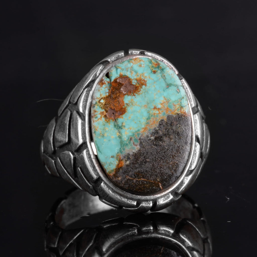 KAMBO Natural Turquoise Stone Ring - Snake Skin Pattern 925 Sterling Silver Men's Ring (Style-3) — 5