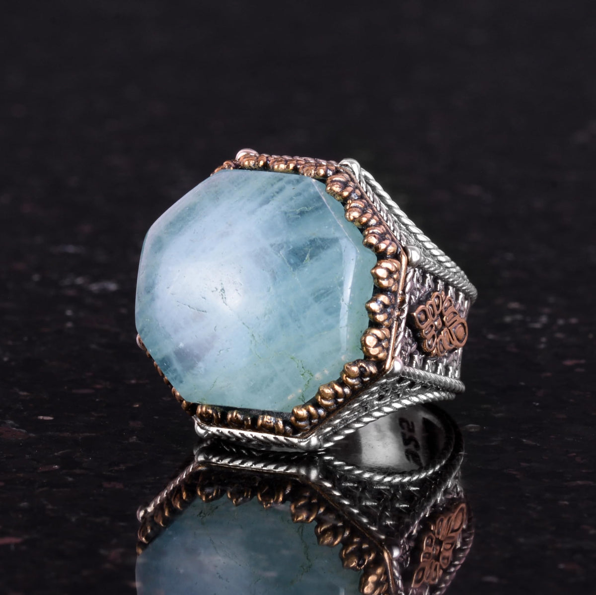 Natural Aquamarine Stone Ring - Octagonal Design - Handmade 925 Sterling Silver Jewelry — 6