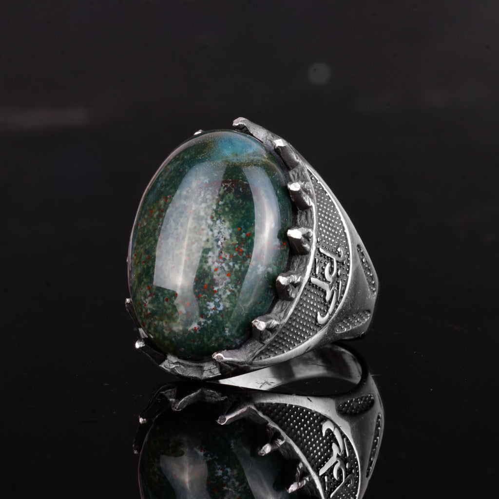 KAMBO Natural Stone Men's Large Ring – 925 Sterling Silver Ottoman Sword Motif Signet Ring (Green Bloodstone) — 5