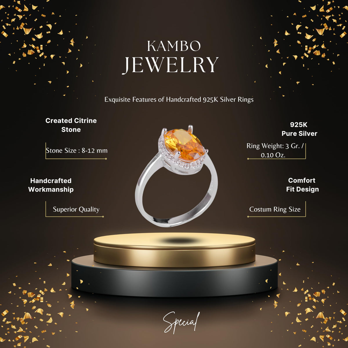 KAMBO 925 Sterling Silver Women's Ring - Elegant Oval Cut Stone Ring - Created Stone Unique Handmade Ring (Created Citrine) — 2