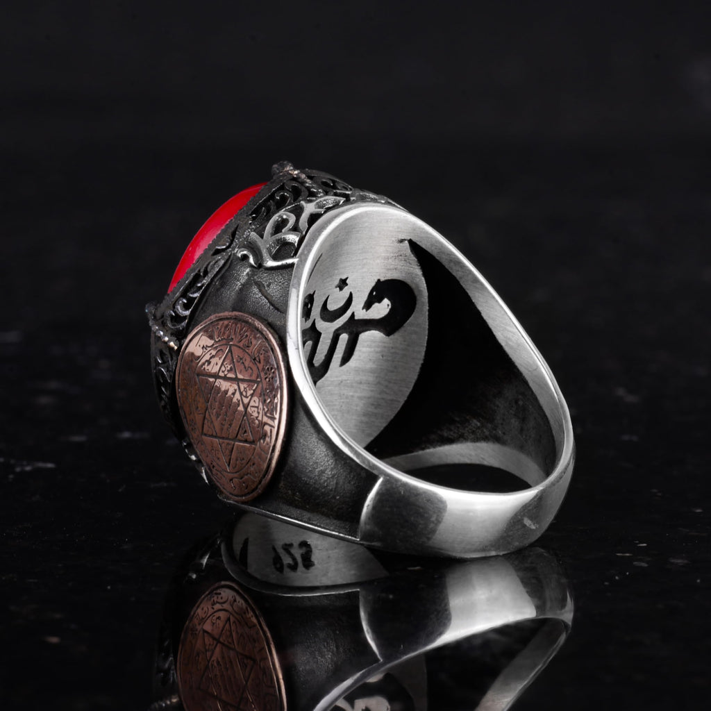 Star and Crescent Pattern Ring - Handmade Ring - 925 Sterling Silver Men's Ring — 7