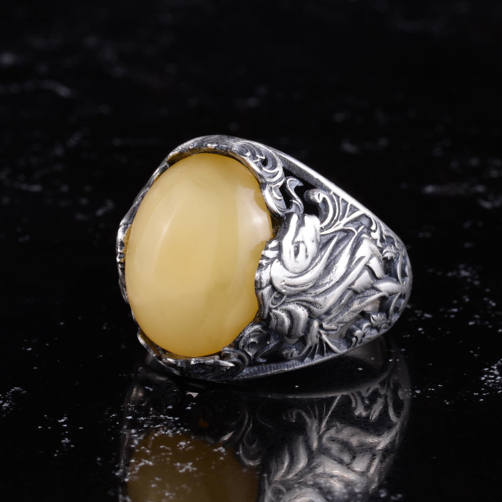 KAMBO Natural Stone Men's Ring 925 Sterling Silver - Large Flower Engraved Statement Ring - Handmade Vintage Ring for Men (Amber) — 6