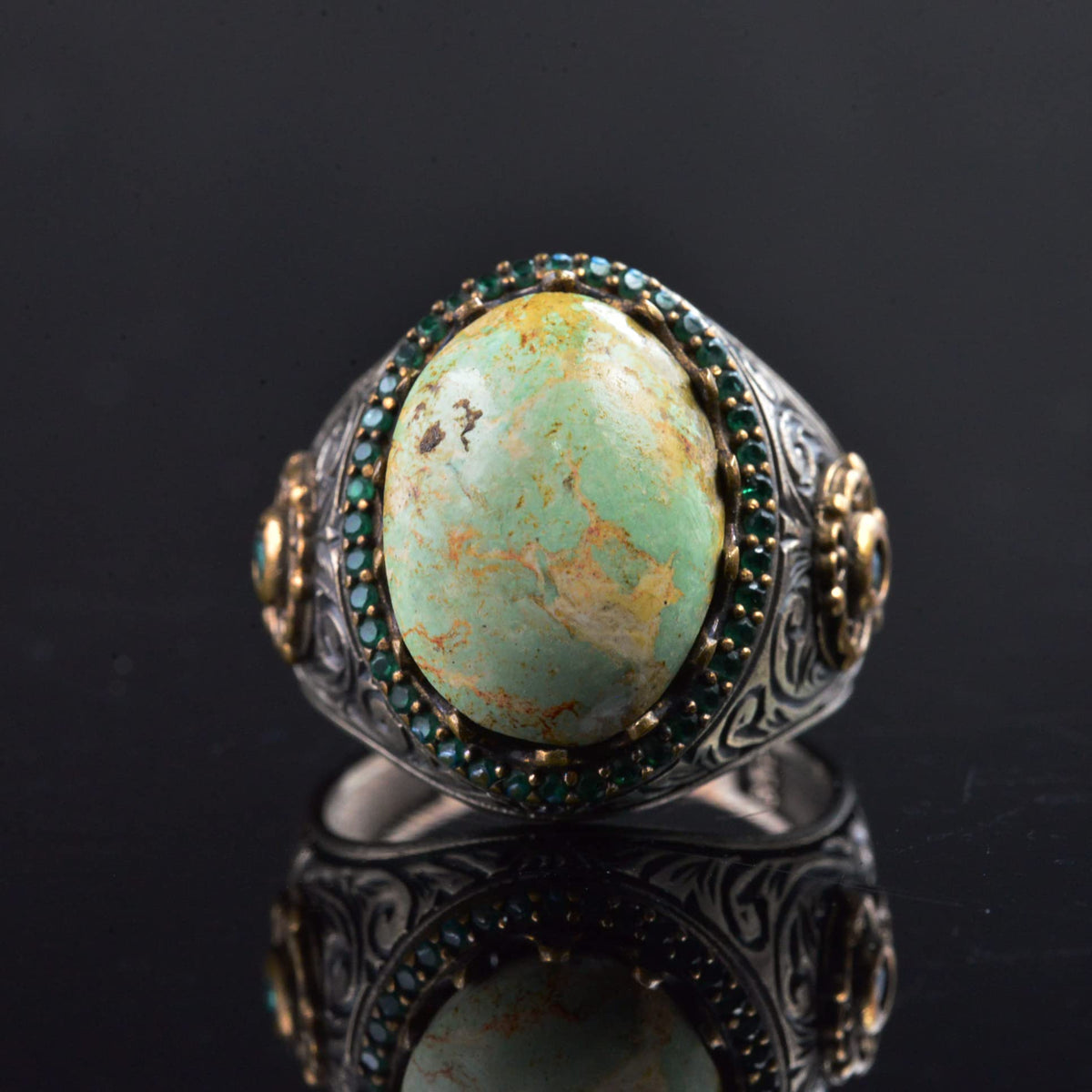 925 Sterling Silver Men's Ring - Natural Arizona Turquoise Stone with Detailed Work — 3