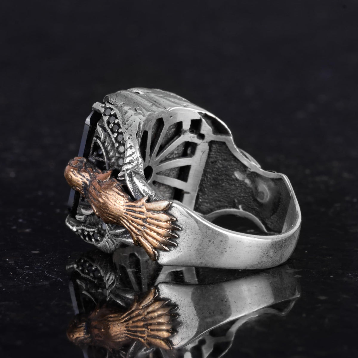 Men's Eagle Symbol Stone Ring - Handmade 925 Sterling Silver — 7