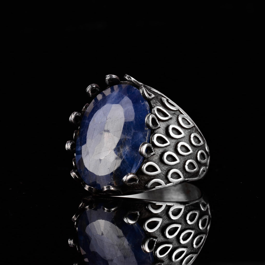 KAMBO 925 Sterling Silver Sapphire Stone Men's Ring – Oval Domed Statement Seal Ring (Sapphire-4) — 6