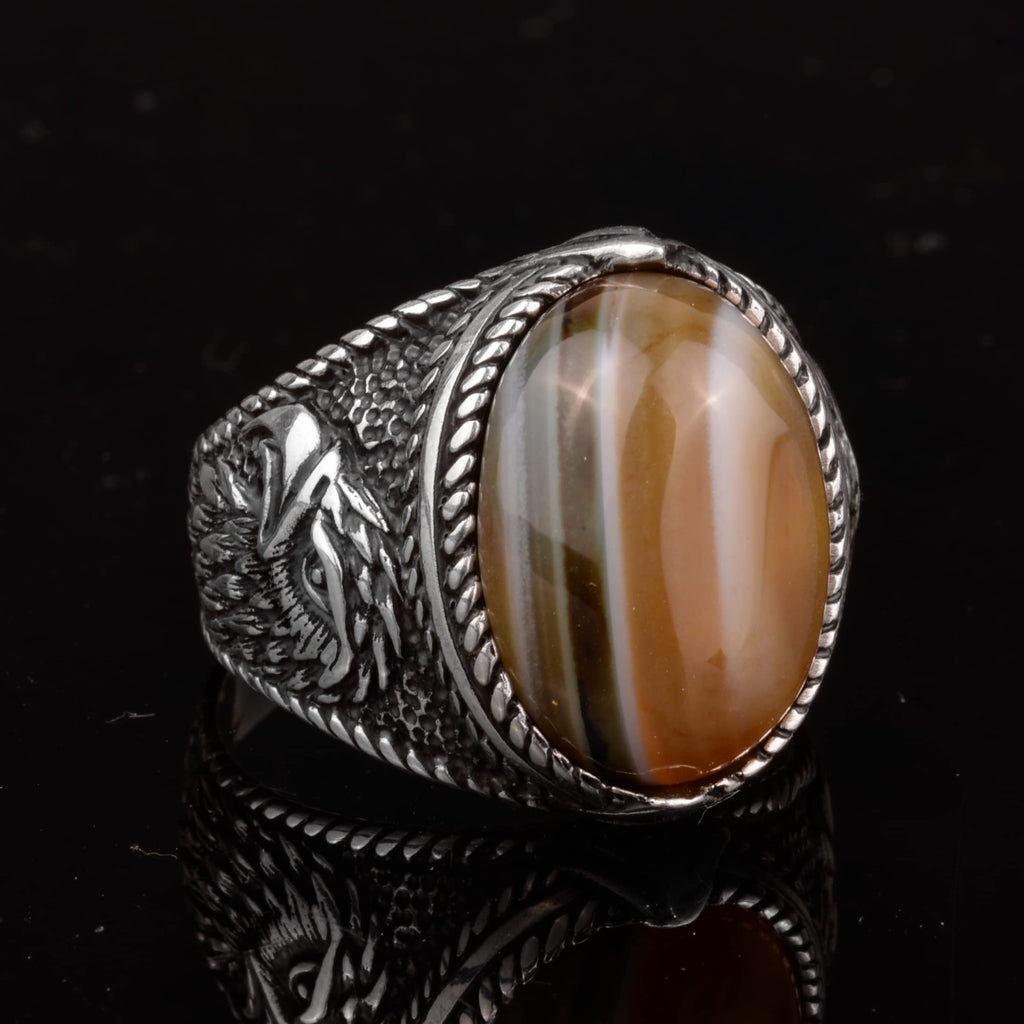 Natural Stone Men's Ring - Eagle Ring - 925 Sterling Silver (Akat) — 4