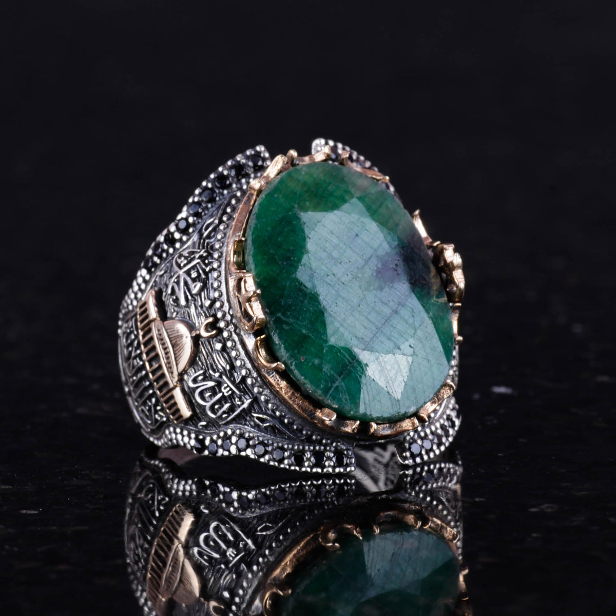 Islamic Silver Ring, Natural Emerald Stone Ring, 925 Sterling Silver Men's Ring — 3