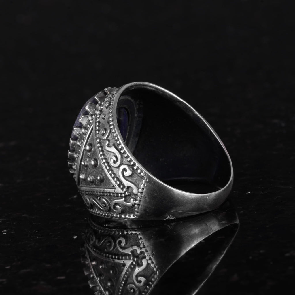 KAMBO Genuine Natural Stone Ring, 925K Solid Silver Men's Ring (Blue Sapphire) — 6