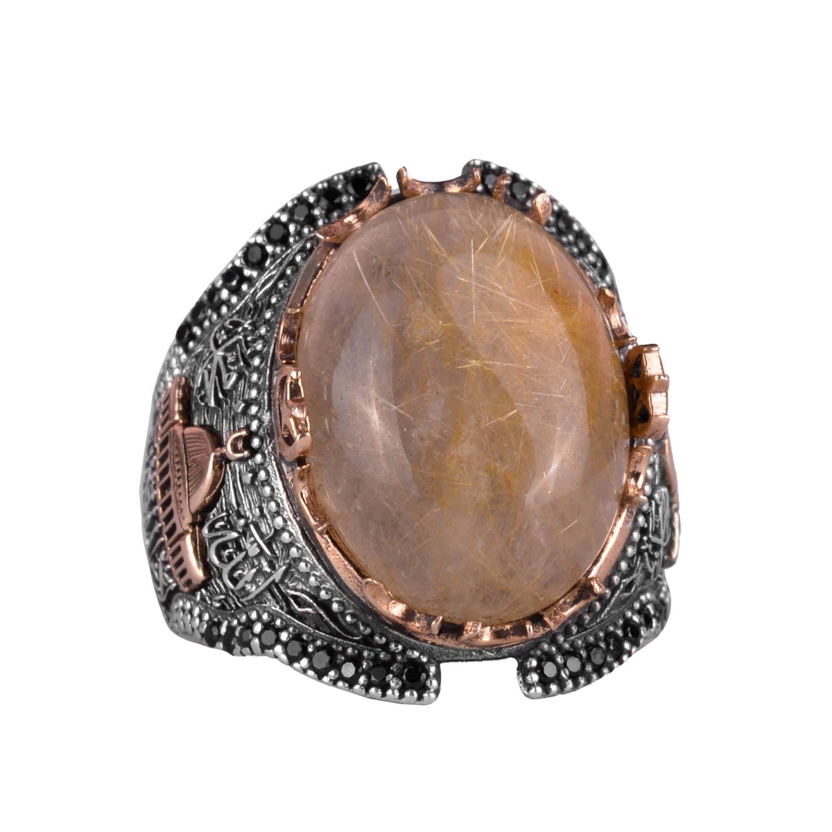 Natural Cabochon Gold Rutile Quartz Stone Mosque Ring