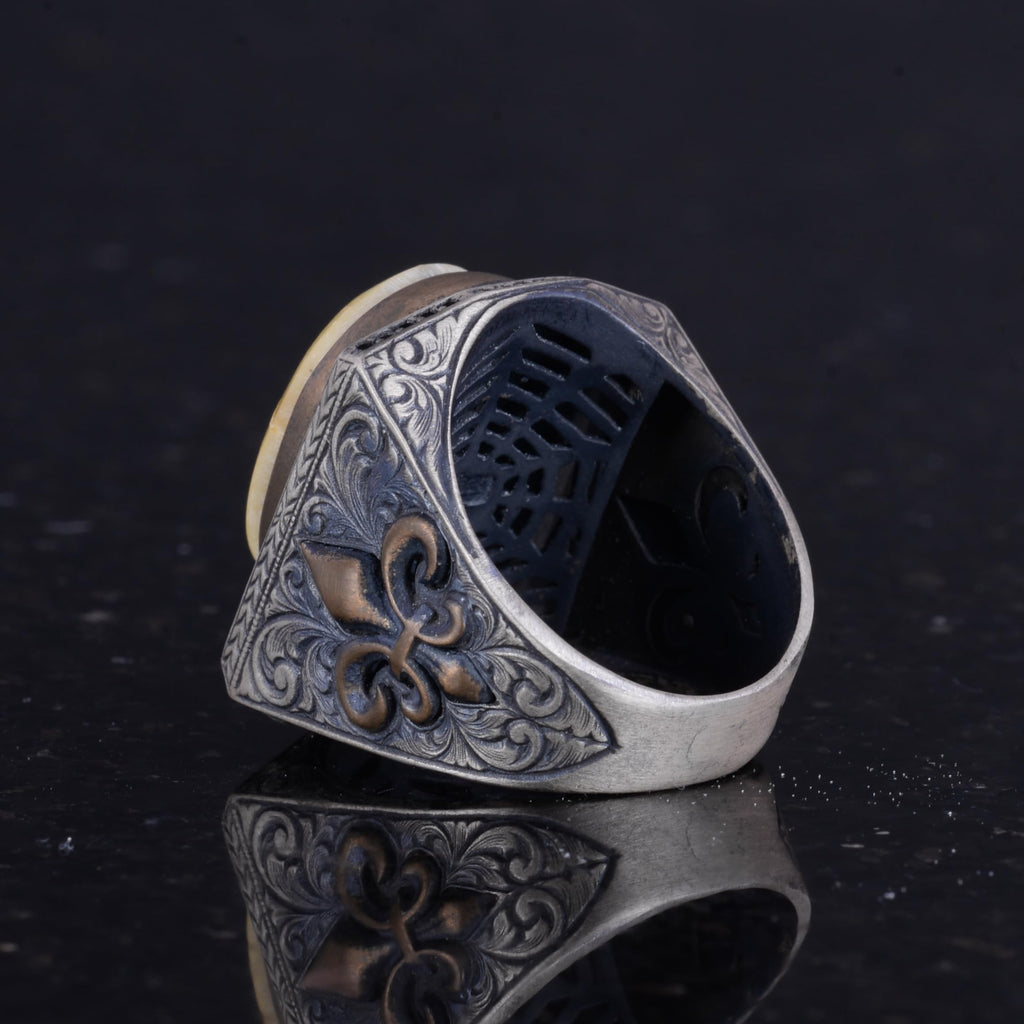 925 Sterling Silver Men's Large Ring - Real Natural Amber Stone - Zulfiqar Sword Symbol — 7