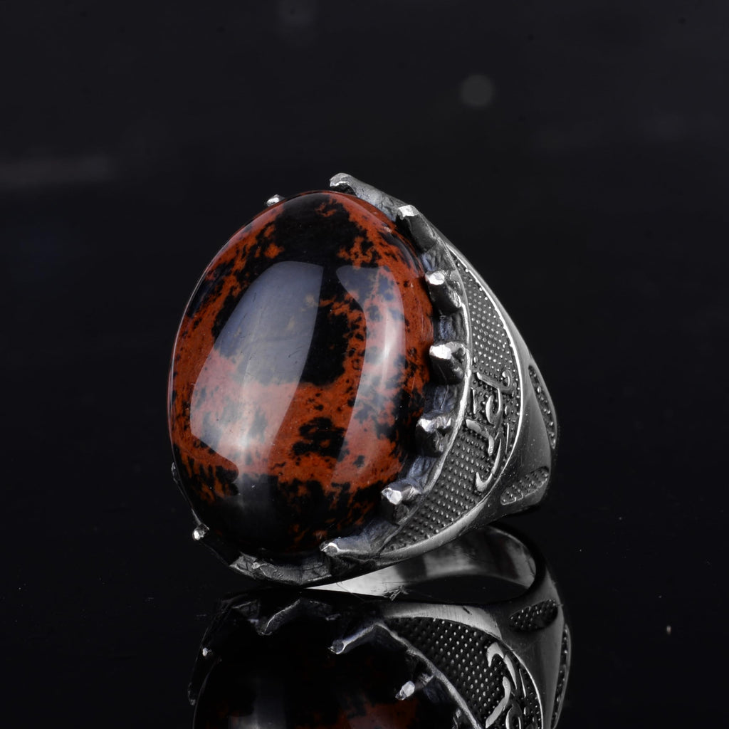 KAMBO Natural Stone Men's Large Ring – 925 Sterling Silver Ottoman Sword Motif Signet Ring (Obsidian) — 5