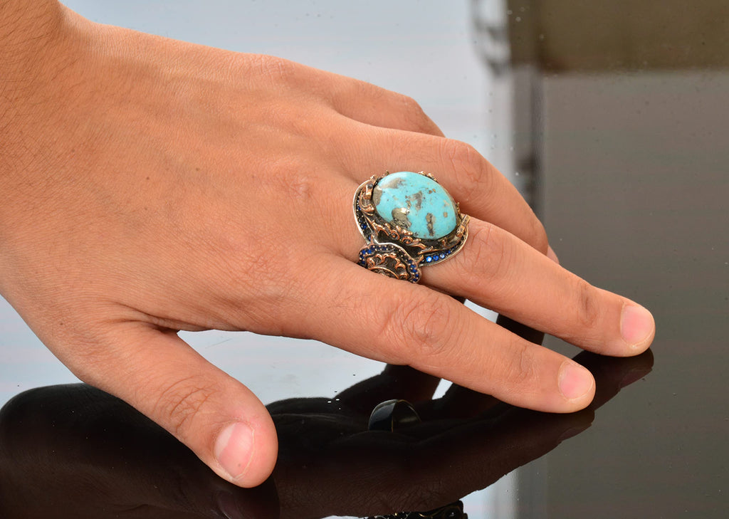 KAMBO Handmade 925 Sterling Silver Men's Ring with Genuine Natural Arizona Turquoise Gemstone Lion Design Vintage Statem