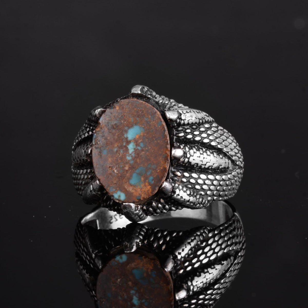 KAMBO Handmade 925 Sterling Silver Men's Turquoise Ring with Claw Detail, Vintage Statement Jewelry, Mythical Warrior De