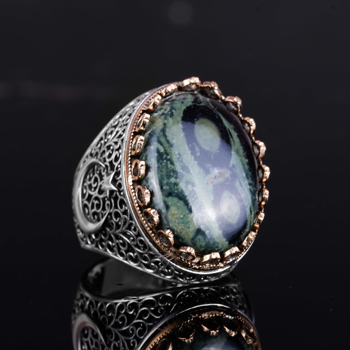 KAMBO 925 Sterling Silver Men's Natural Stone Ring - Moon and Star Design - Handmade Vintage Jewelry (Green Eye) — 5