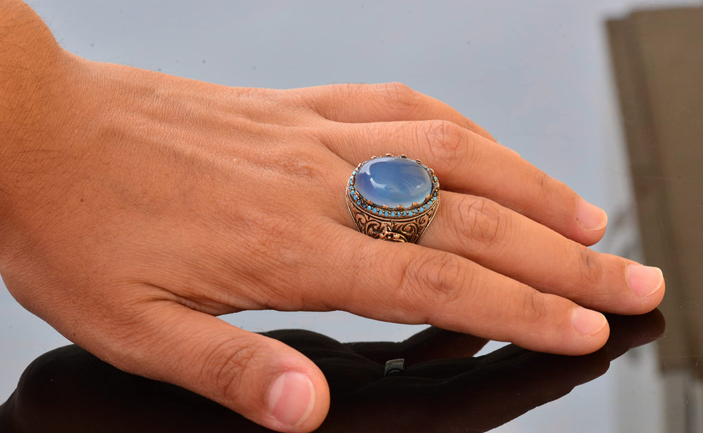 Natural Agate Stone Men's Silver Ring — 6