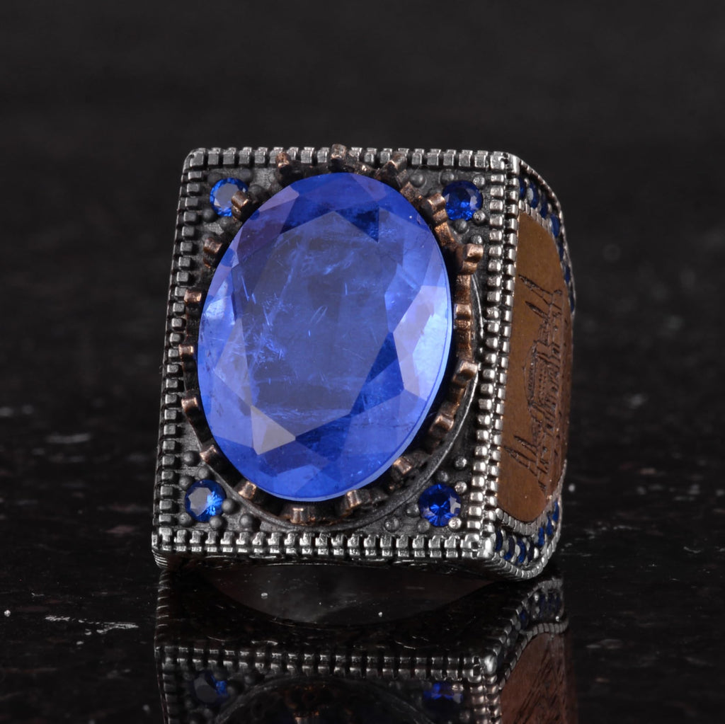 925 Sterling Silver Islamic Ring, Artificial Stone Ring, Handcrafted Calligraphy Ring (Dark Blue Paraiba) — 6