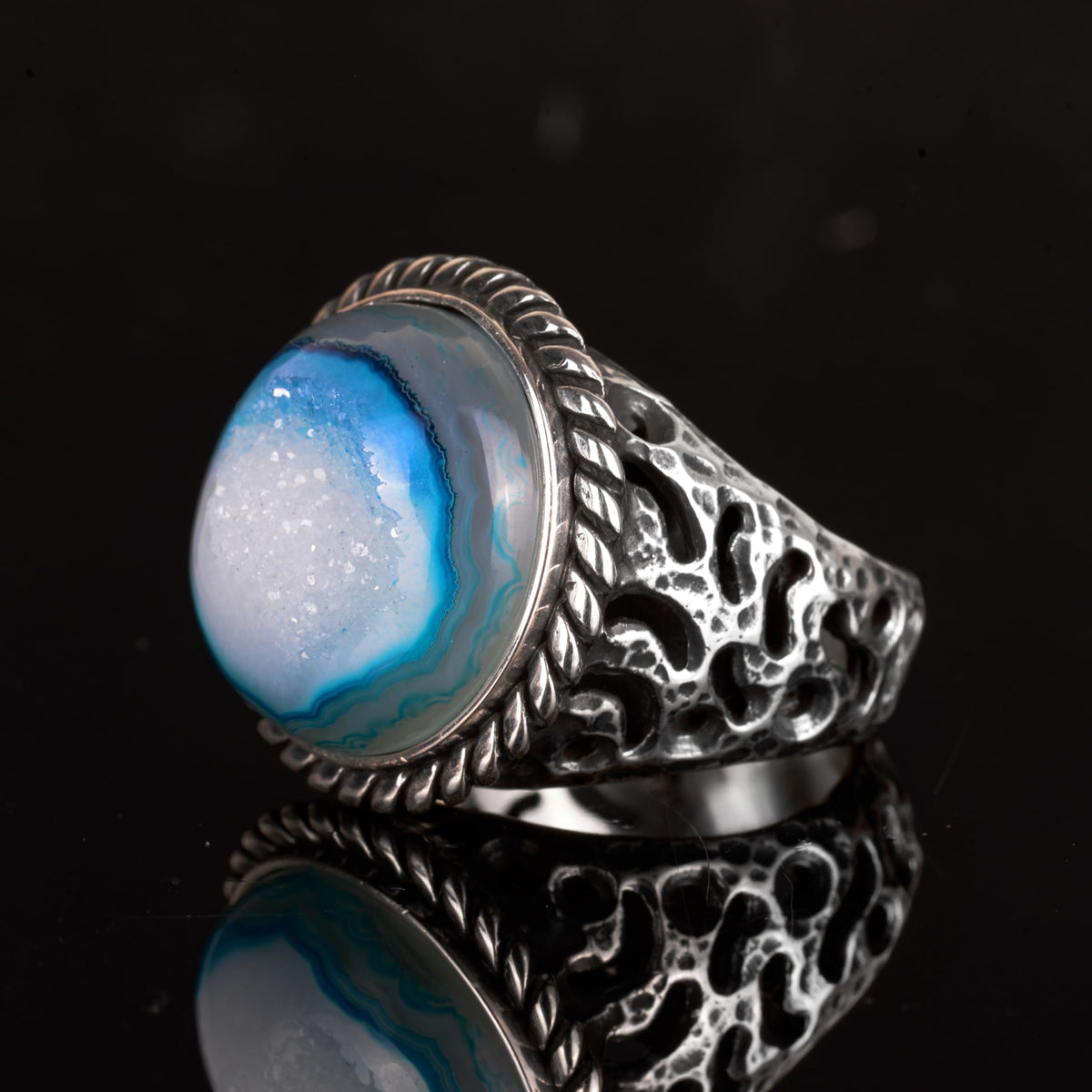 Natural Druzy Quartz with 925 Sterling Silver Ring (Blue) — 6