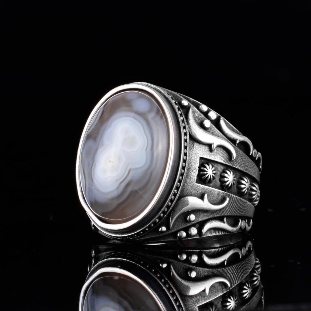 KAMBO Men's Natural Agate Ring – 925 Sterling Silver Flower Pattern Ring – Handmade Vintage Style Men's Statement Ring (Agate-1) — 5