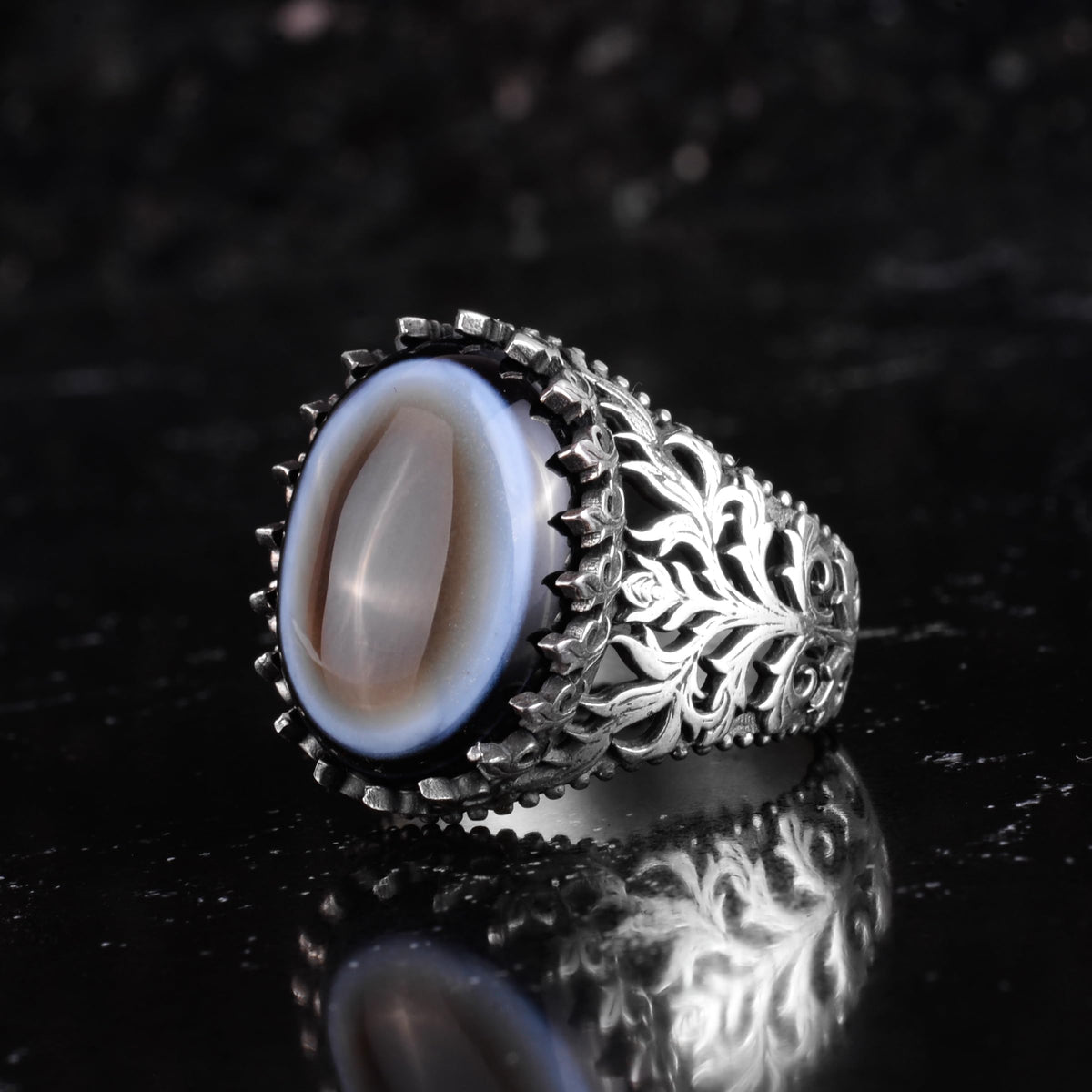 KAMBO Natural Yemen Agate Stone Ring – 925 Sterling Silver Decorative Men's Ring – Handmade Vintage Statement Ring (Yemen Agate-10) — 5