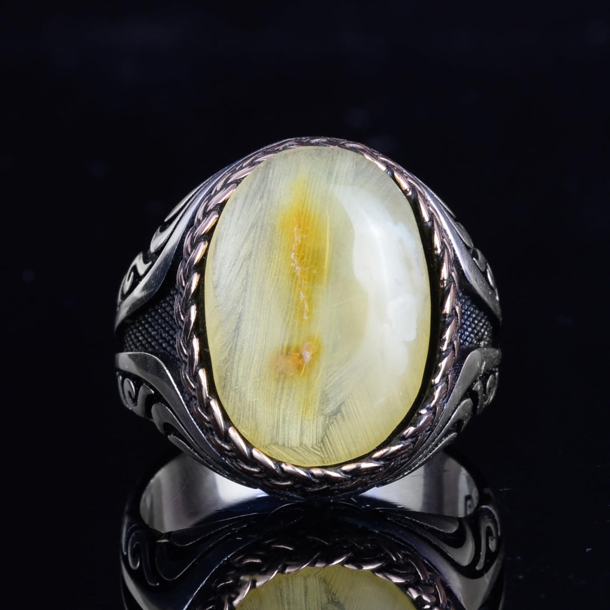KAMBO Men's Natural Baltic Amber Stone Ring – 925 Sterling Silver Handmade Statement Ring – Authentic Amber Jewelry with Ottoman Style Details (Style-7) — 4