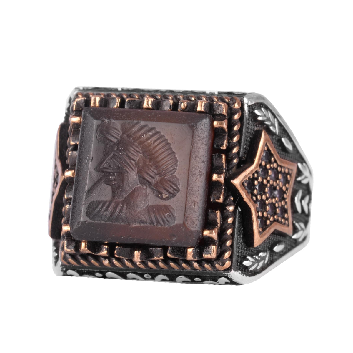 KAMBO Natural Agate Stone Men's Ring – 925 Sterling Silver Star Side Designed Square Motif Ring (Warrior)