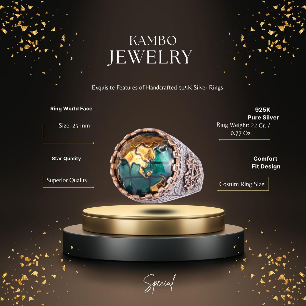 KAMBO 925 Sterling Silver World Map Designed Men's Ring Bronze Details Handmade Green Stone Statement Ring — 2