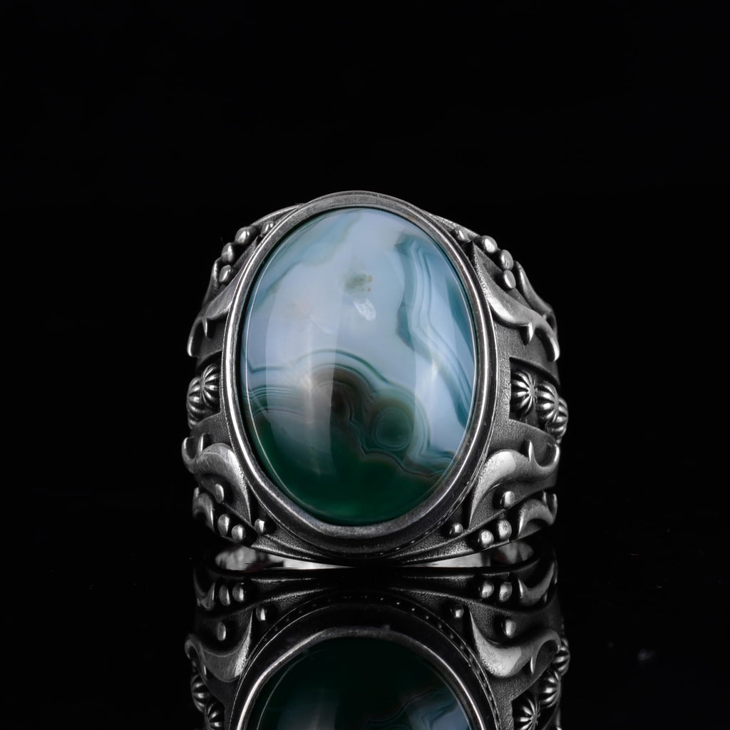 KAMBO Men's Natural Agate Ring – 925 Sterling Silver Flower Pattern Ring – Men's Handmade Vintage Style Statement Ring (Agate-10) — 4