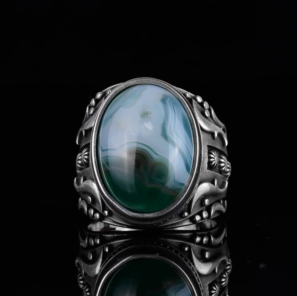 KAMBO Men's Natural Agate Ring – 925 Sterling Silver Flower Pattern Ring – Men's Handmade Vintage Style Statement Ring (Agate-10) — 4