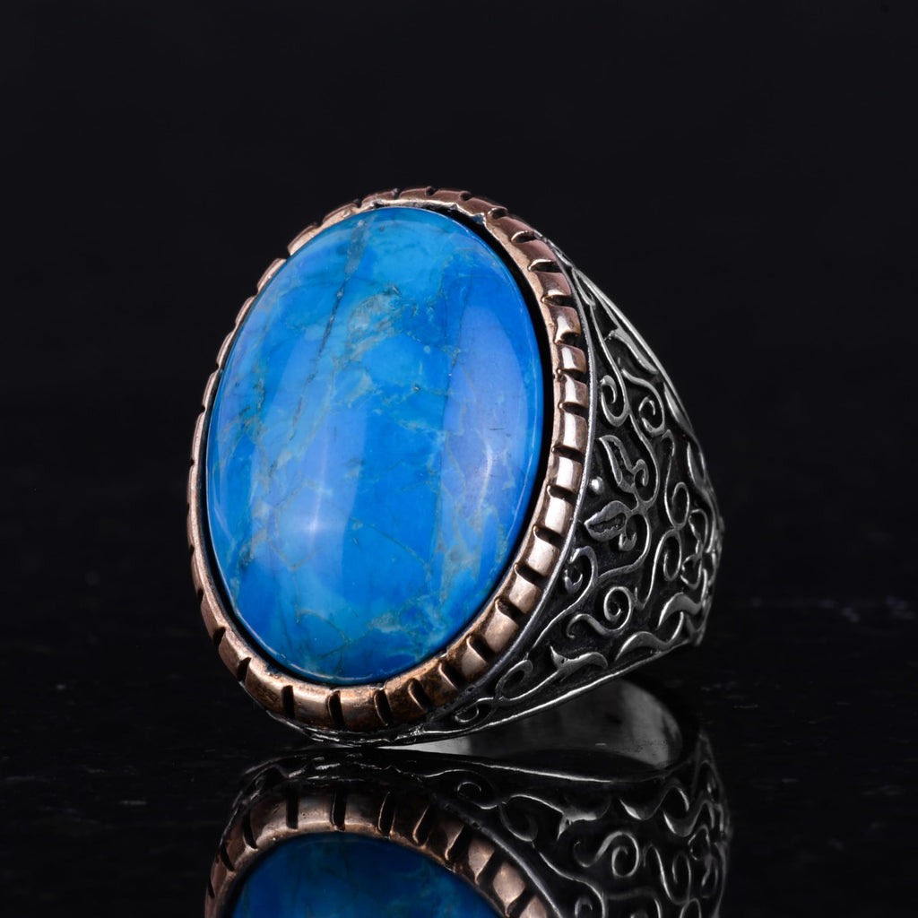 KAMBO Synthetic Stone Ring, 925 Sterling Silver Men's Ring, Big Ring (Synthetic Turquoise Stone) — 5