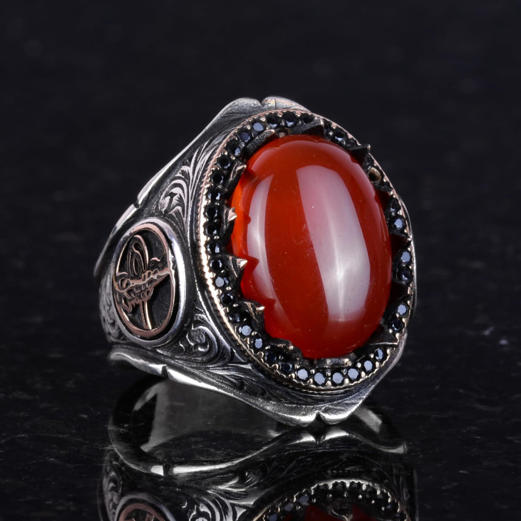 925 Sterling Silver Men's Ring - Red Agate Stone — 5