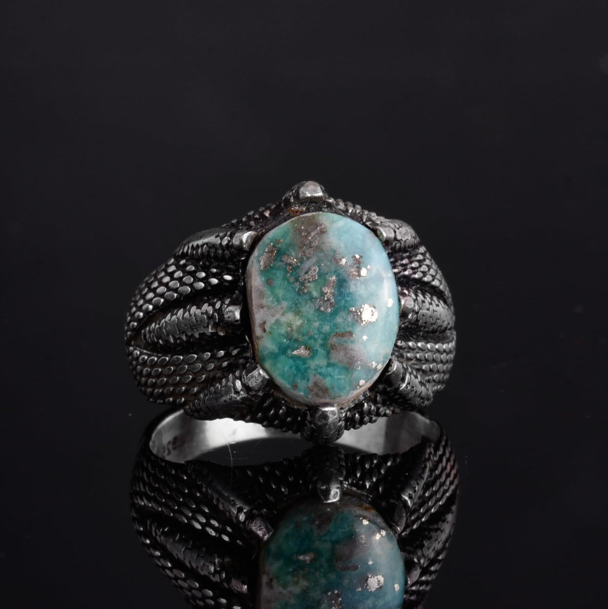 KAMBO 925 Sterling Silver Claw Detailed Natural Turquoise Stone Ring – Handmade Men's Legendary Warrior Jewelry (Style-2) — 6