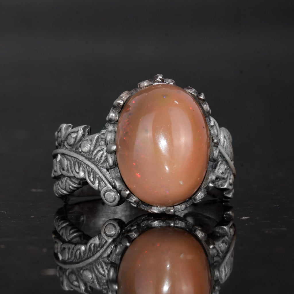 Handmade 925 Sterling Silver Men's Ring Natural Opal Stone - Leaf Pattern — 6