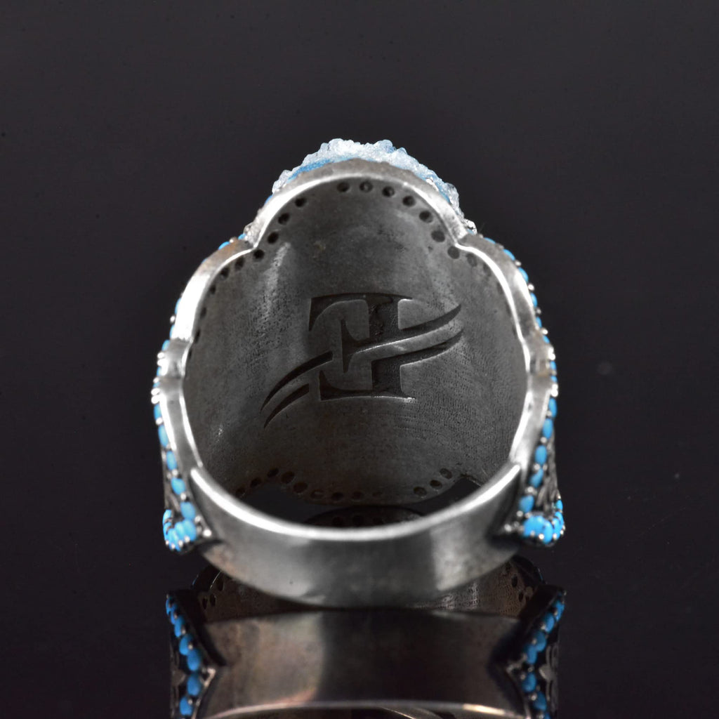 Handmade 925 Sterling Silver Men's Ring with Natural Stone - Cultural Design (Blue Drusy Crystal) — 7